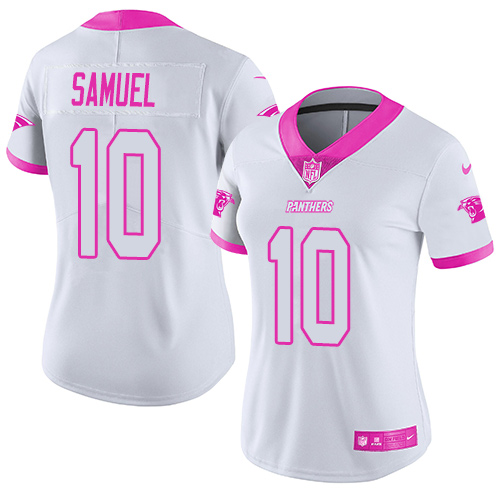 Nike Panthers #10 Curtis Samuel White/Pink Women's Stitched NFL Limited Rush Fashion Jersey - Click Image to Close
